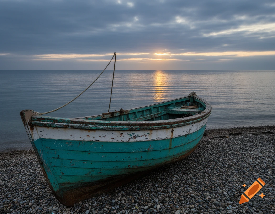 An old turquoise and white fishing boat rests on a pebble beach at sunset, with calm ocean waters stretching to the horizon.