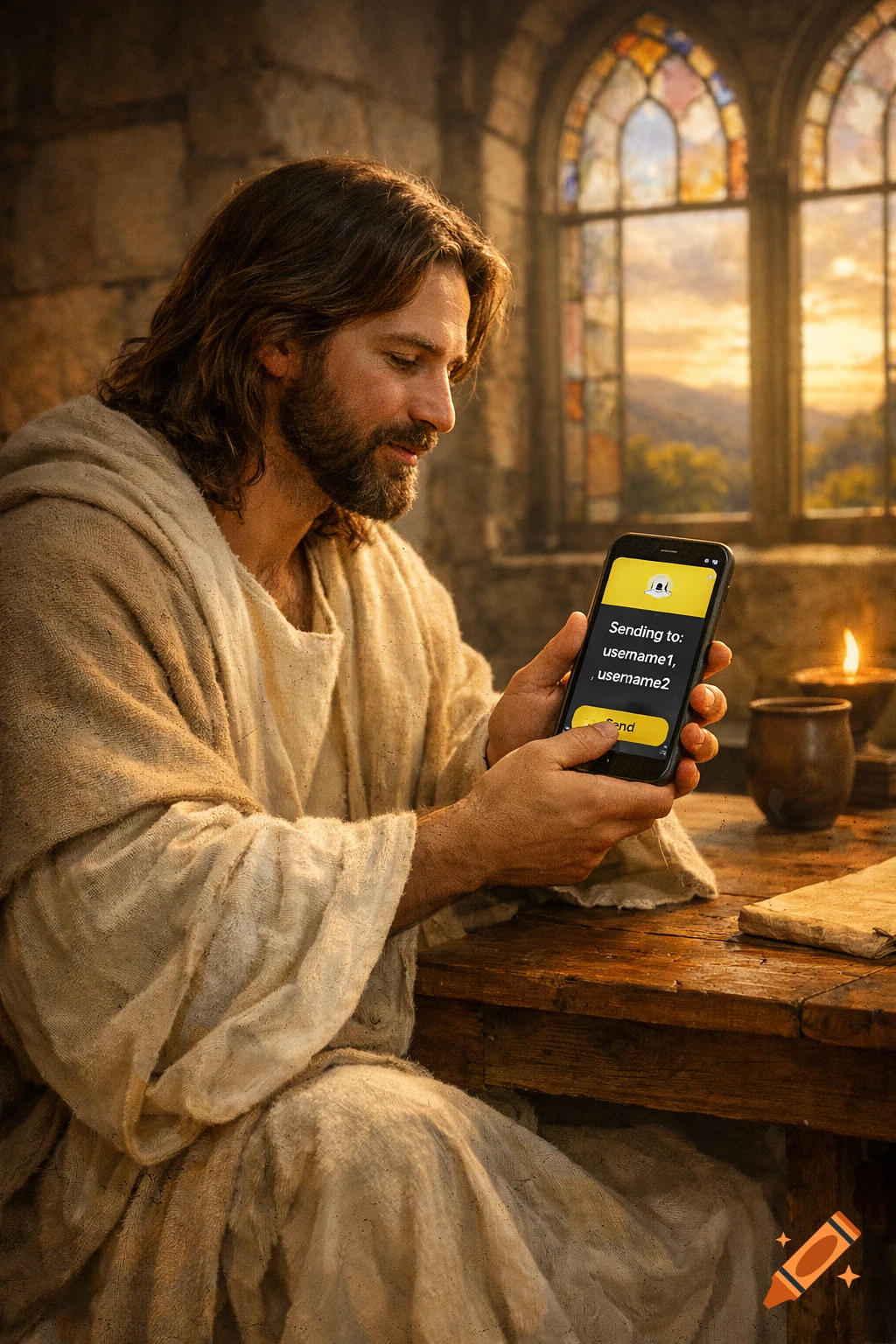 Jesus sits at a wooden table in a stone room with stained glass windows, looking at a smartphone displaying a Snapchat sending screen.