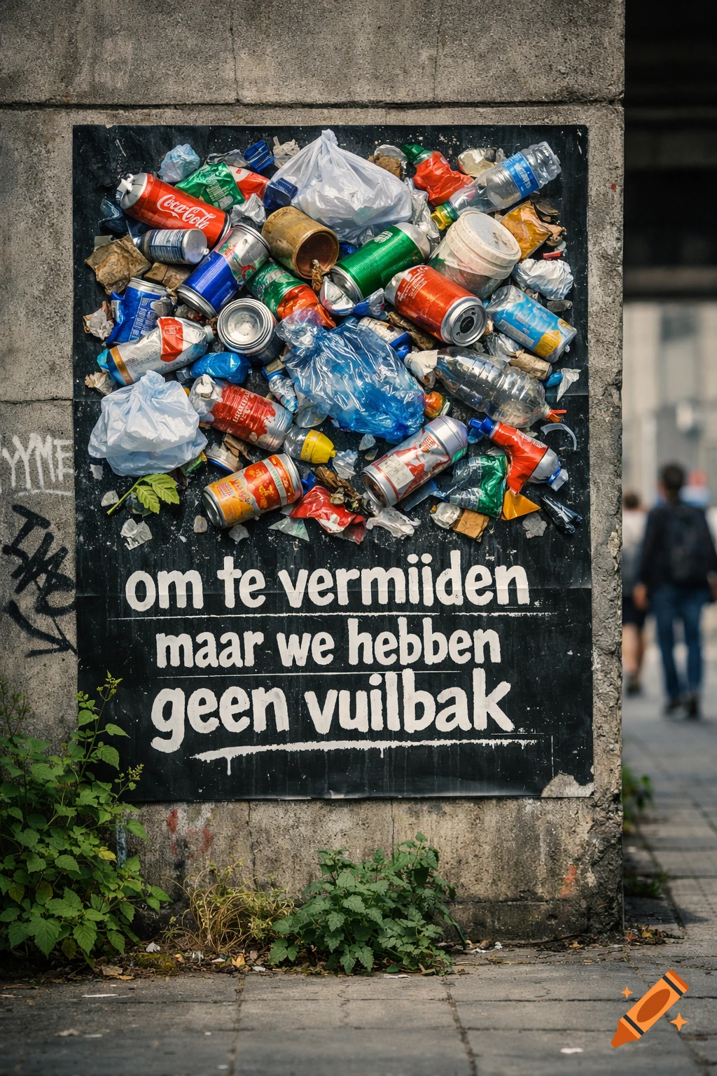 A poster covered in discarded plastic bottles and aluminum cans, with Dutch text, on a concrete wall in an urban setting.