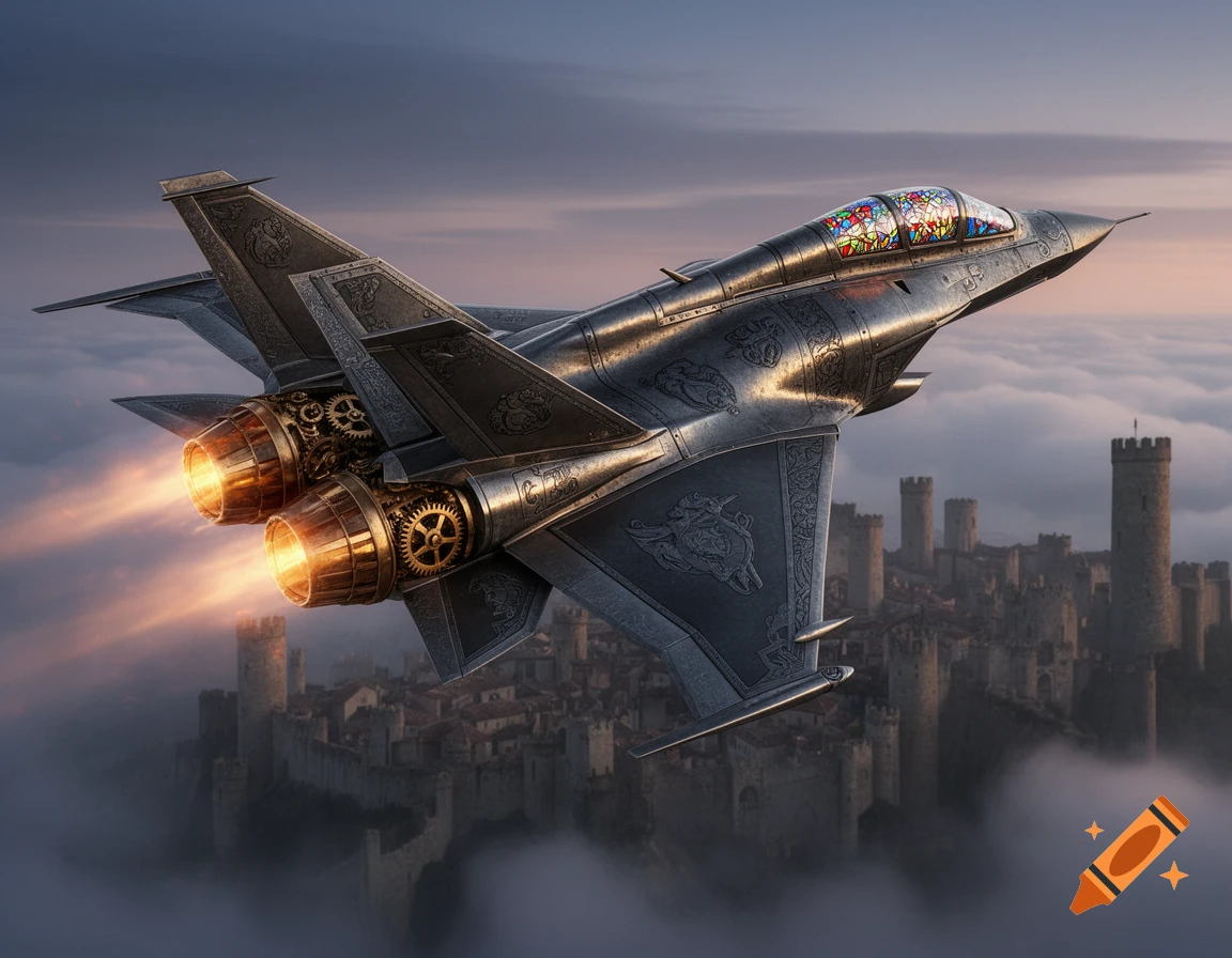 A detailed steampunk-style jet fighter with ornate metalwork and a stained-glass cockpit flies above a cloudy medieval castle.