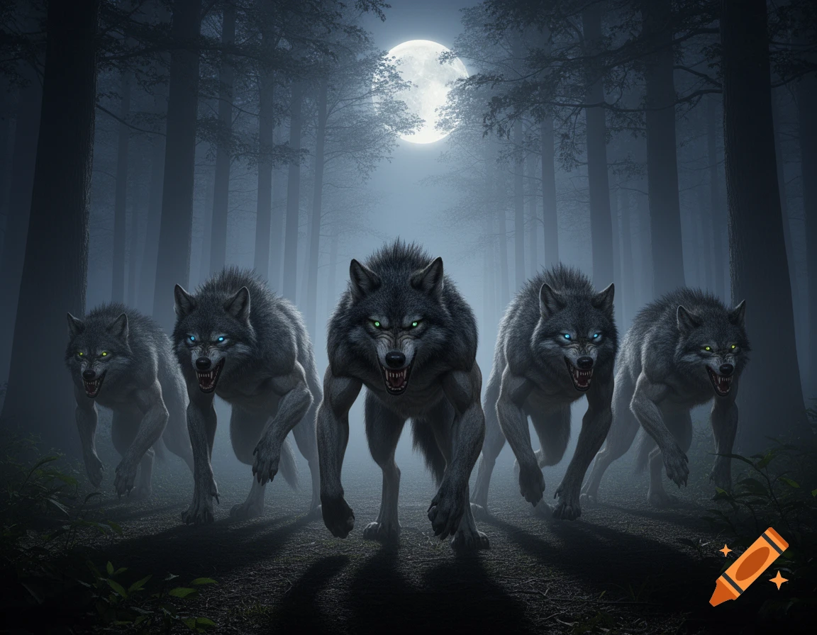 Five fierce gray wolves with glowing eyes run through a dark, foggy forest under a full moon, in a photorealistic fantasy style.