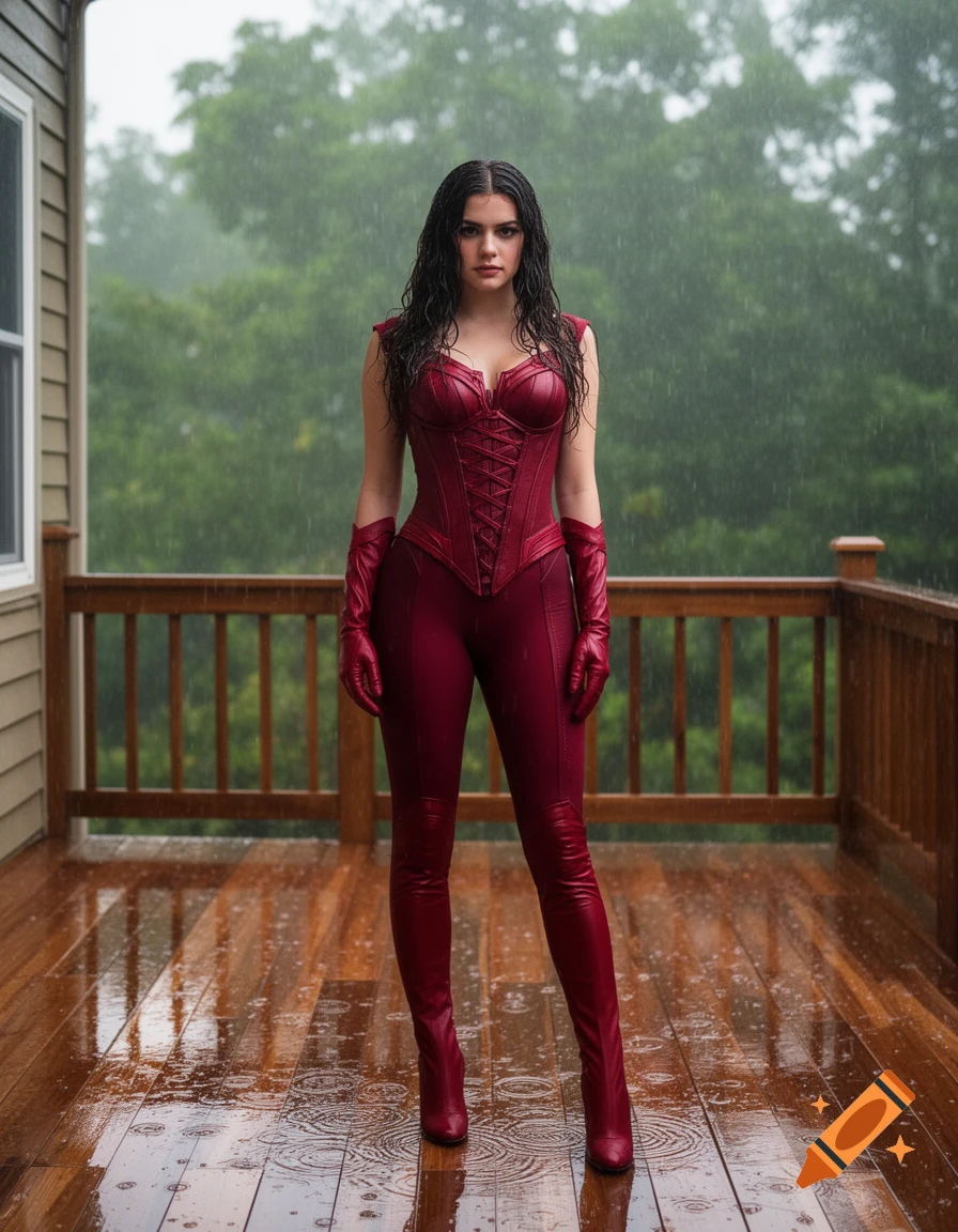 Photorealistic image of a woman in a red Scarlet Witch costume standing on a wet wooden deck during a gentle rain.