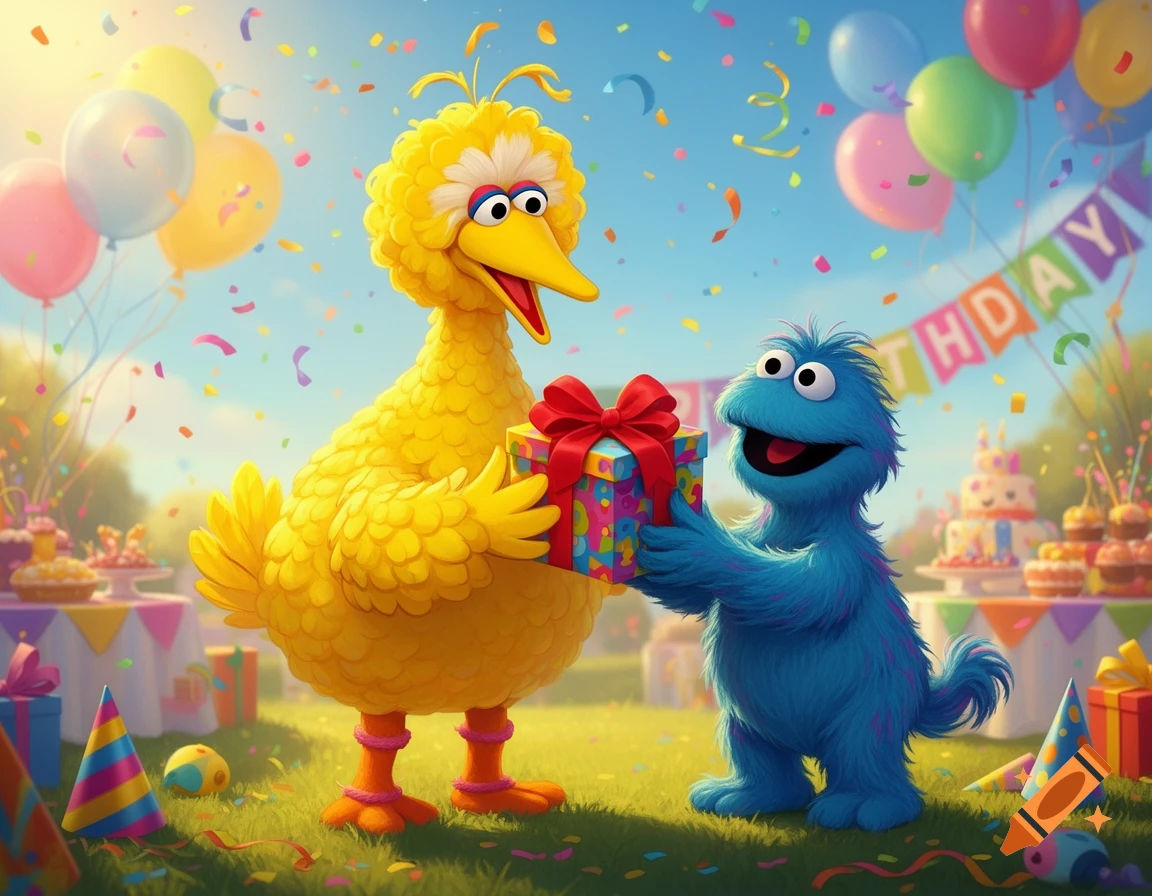 Big Bird receives a colorful gift from Cookie Monster at a vibrant outdoor birthday party with balloons and confetti.