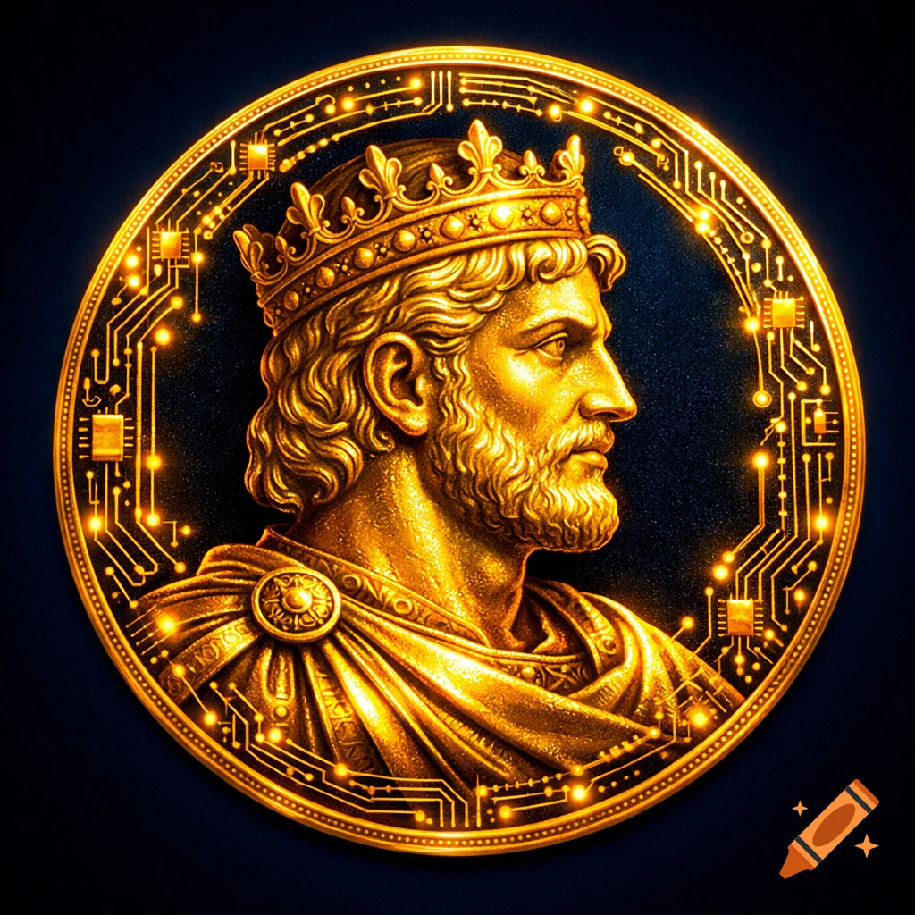 A golden coin featuring a profile of a king wearing a crown and toga, with glowing circuit patterns around the border on a dark background.
