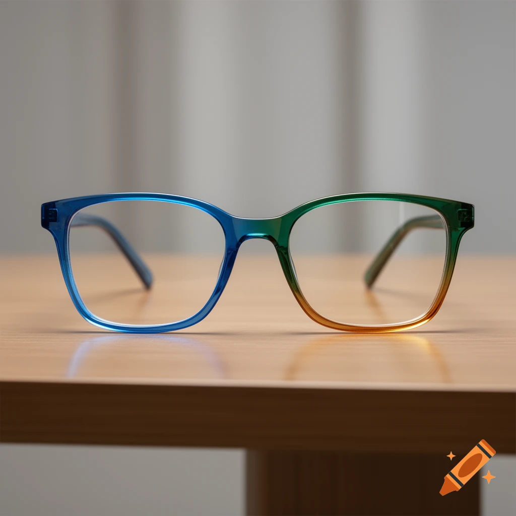 Modern gradient blue, green, and amber glasses on a light wooden table.