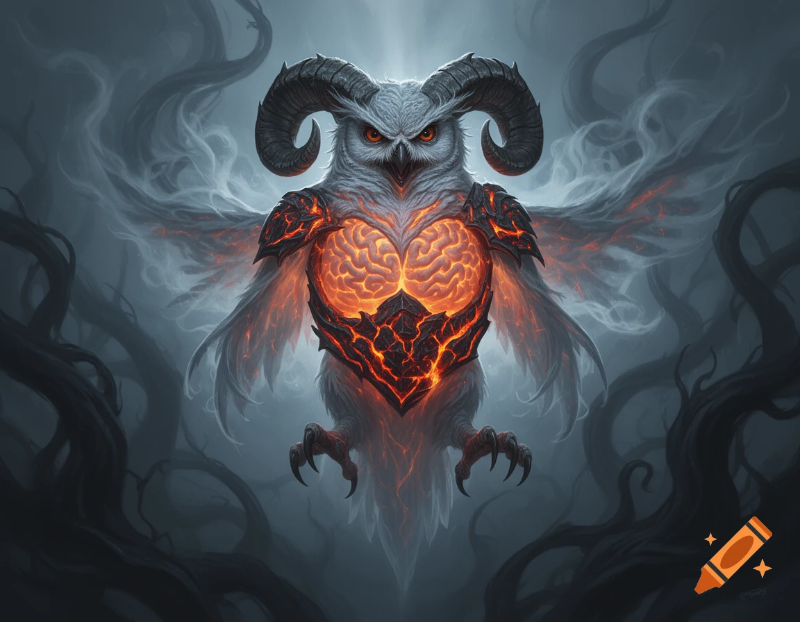 A dark fantasy art of a ghostly white owl monster with ram horns, glowing eyes, a visible glowing brain, and magma armor.