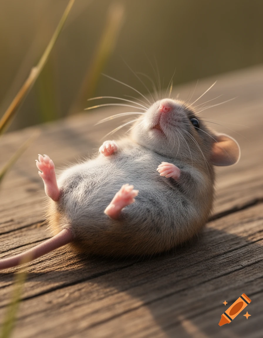 A small, fluffy mouse lies on its back on a sunlit wooden surface, looking upwards with its tiny paws in the air.