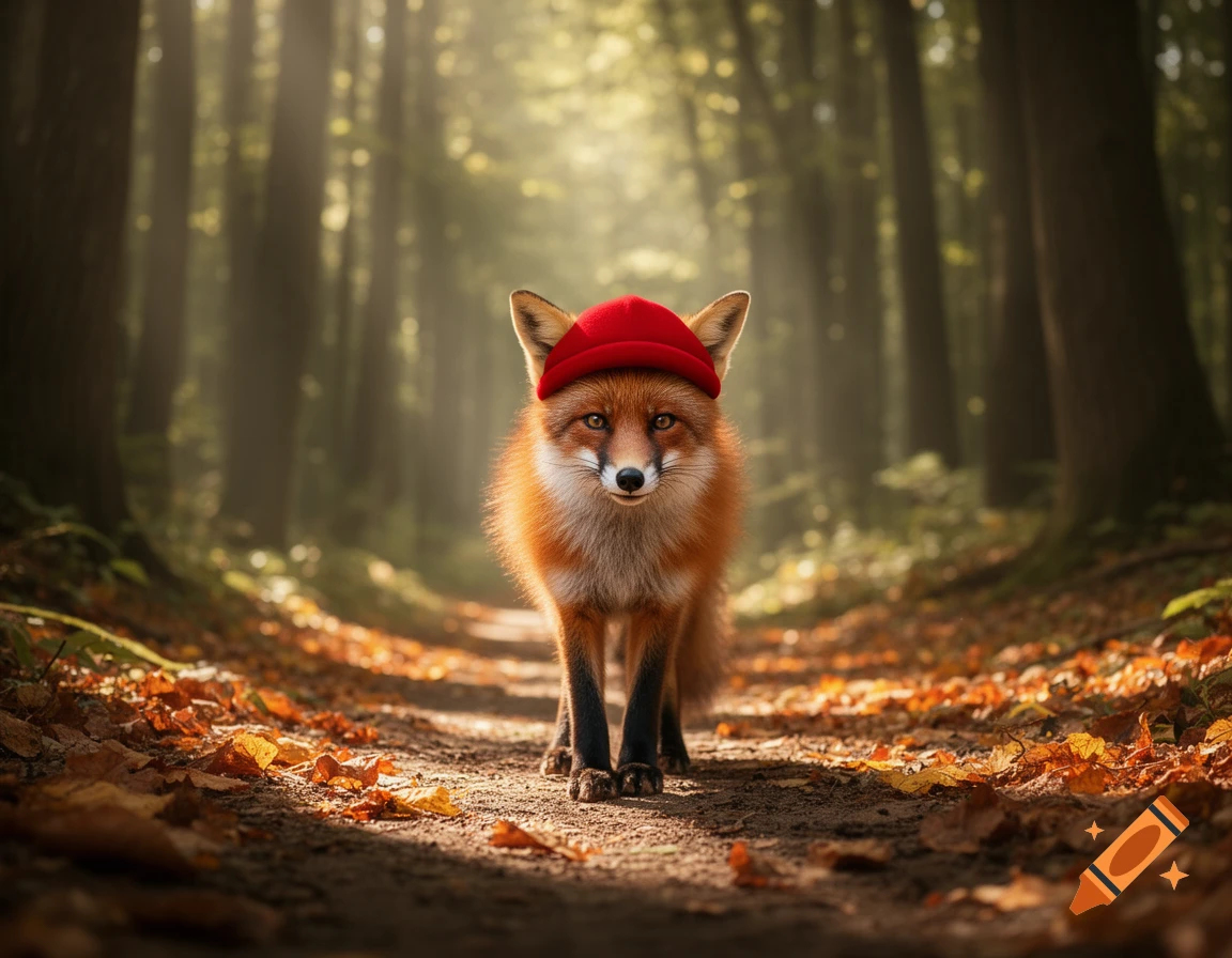 A photorealistic fox wearing a red hat stands on a path in a sunlit ...