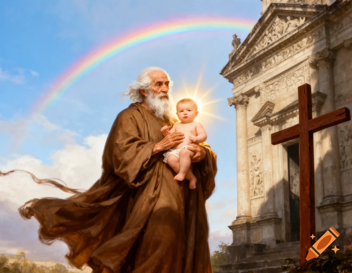 A painting of an old man with a long beard holding a radiant baby, standing under a rainbow near a temple and a brown cross.