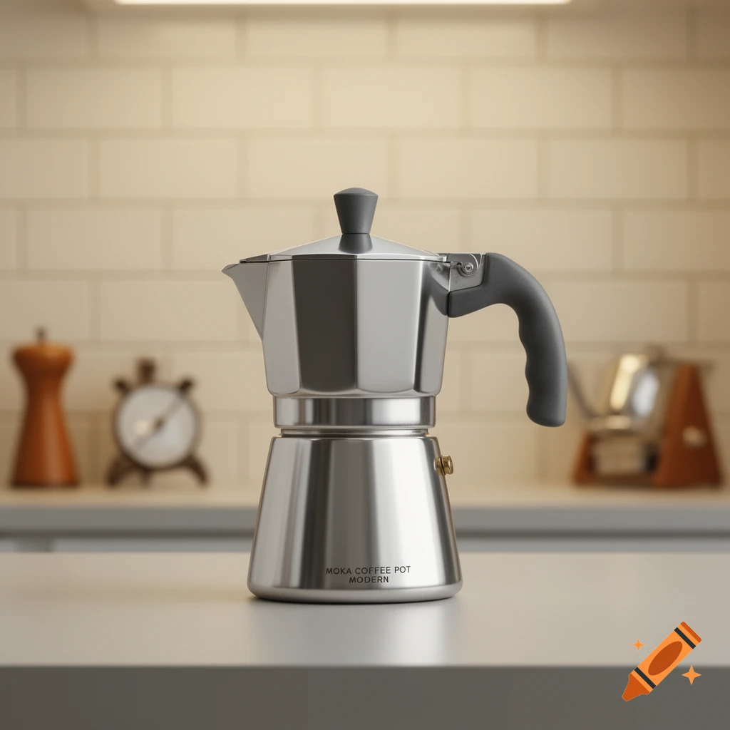 A modern, metallic moka coffee pot sits on a light kitchen countertop with a tiled backsplash.
