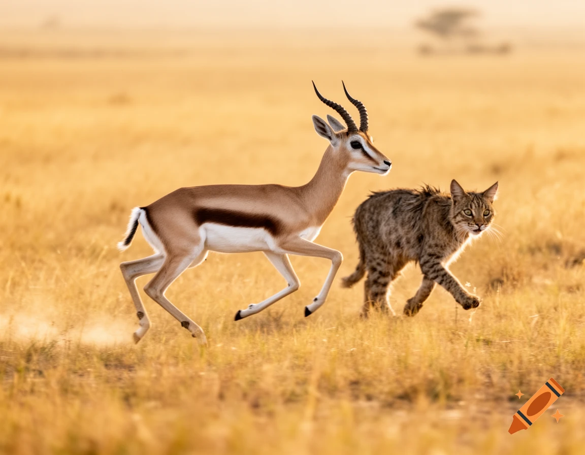A gazelle leaps gracefully in a golden savanna while a wildcat walks behind it.