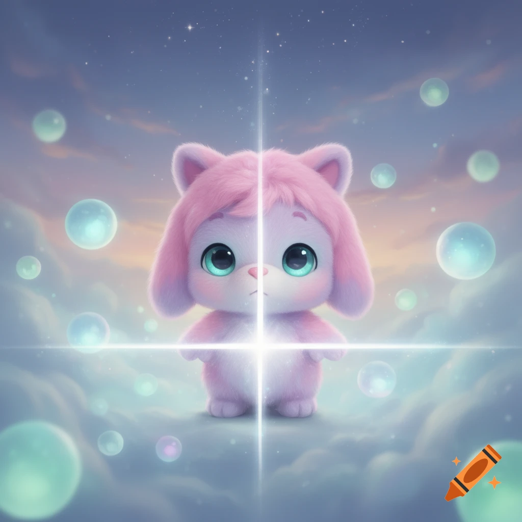 A fluffy pink cartoon creature with large green eyes stands on clouds with bubbles and glowing light rays in a dreamy sky.