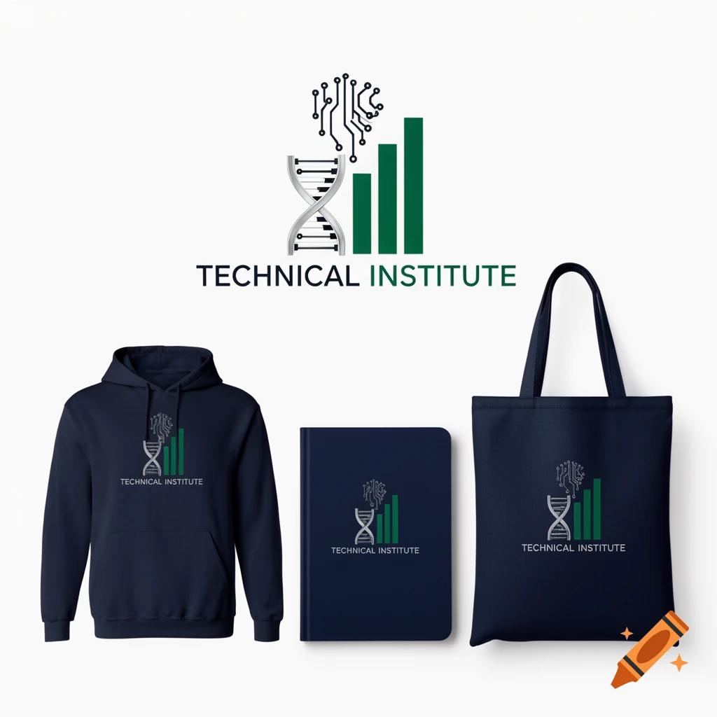 A logo for 'Technical Institute' featuring a circuit brain, DNA helix, and bar graph, displayed on a dark blue hoodie, notebook, and tote bag.