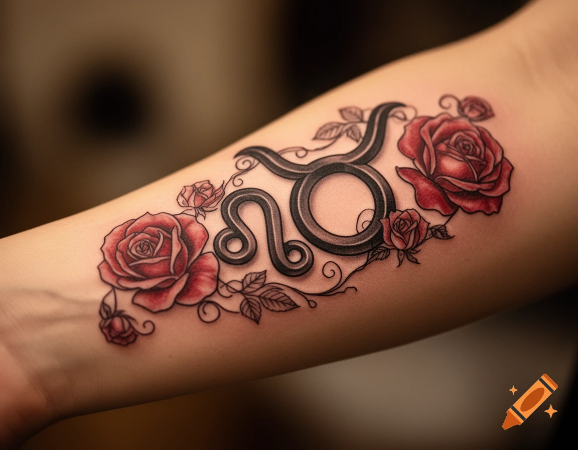 A detailed tattoo of intertwined black Leo and Taurus zodiac symbols with vibrant red roses and green leaves on a person's arm.