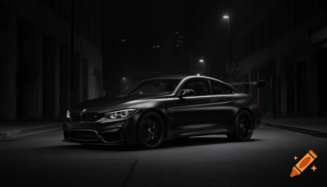 A matte black BMW M4 with a large aggressive rear wing spoiler, parked on a shadowy street at night.