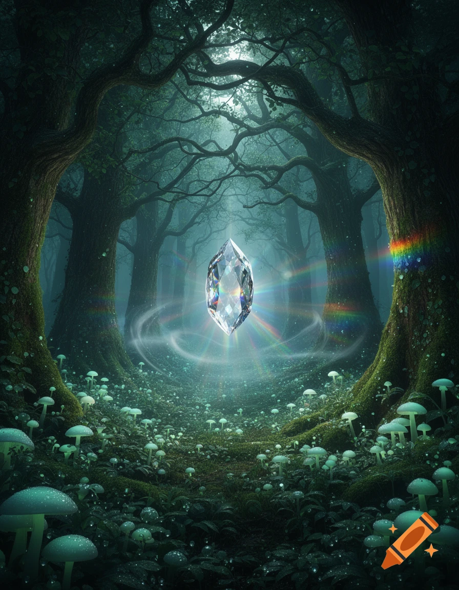 A glowing crystal floats in a dark, mossy magical forest with glowing mushrooms and light rays breaking through the canopy.