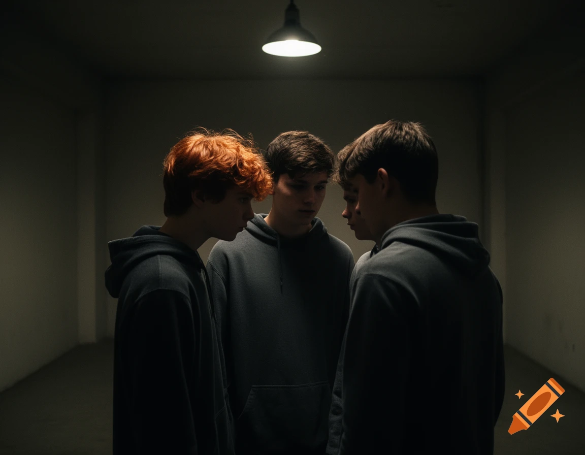Three teenage boys, one with red hair, huddle together under a single light in a dark, empty room.