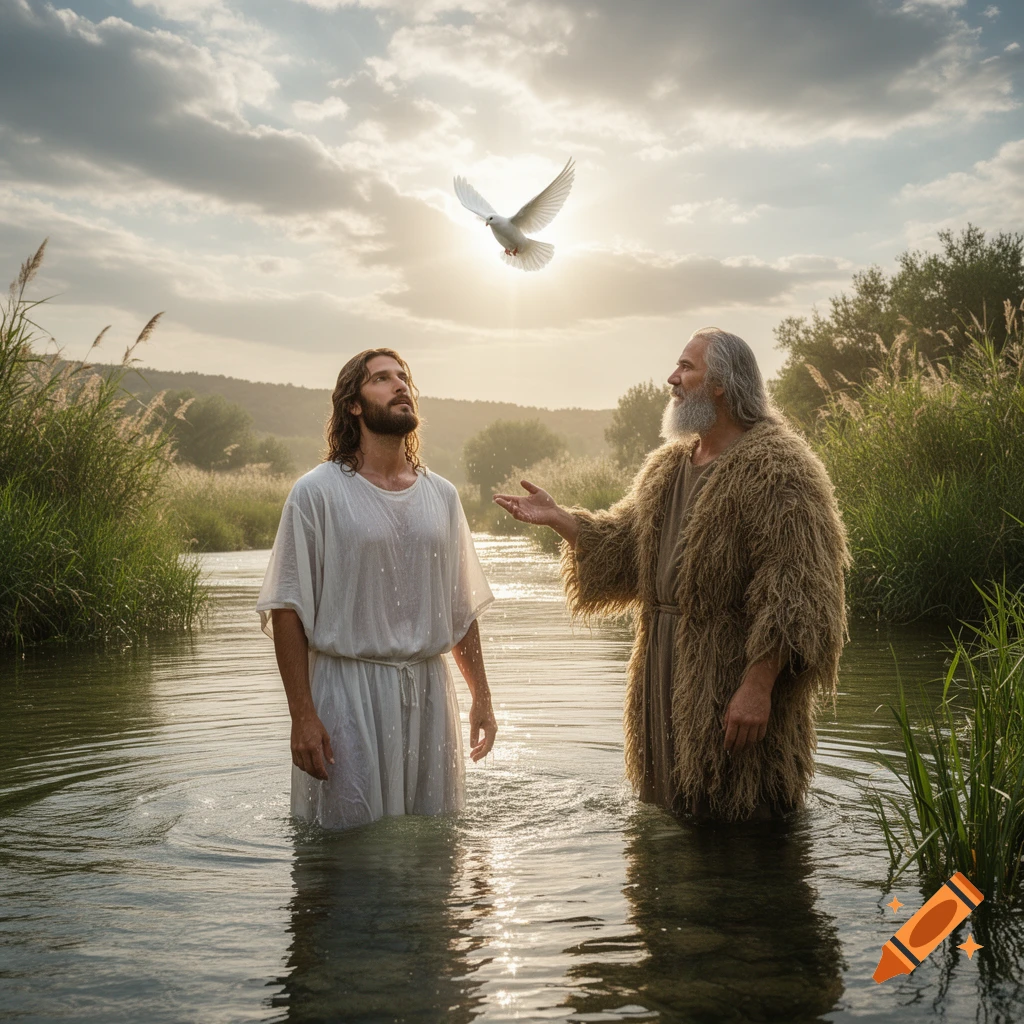 Jesus stands in a river, looking up as a dove descends. John the Baptist gestures beside him, a serene, sunlit scene.
