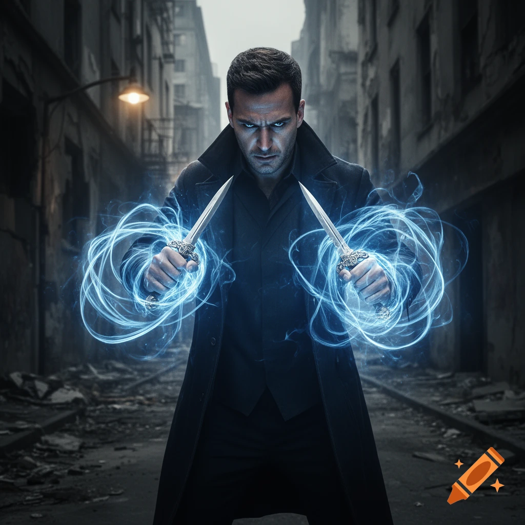 A determined man in a long coat holds two daggers emanating glowing blue energy in a dark urban alleyway.