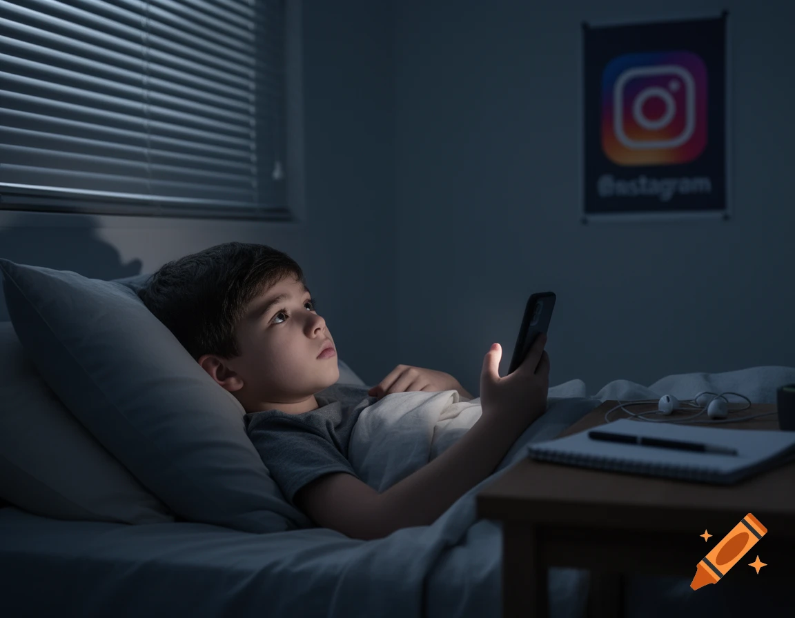 A young boy lies in bed in the dark, illuminated by the light of his smartphone screen, with an Instagram poster on the wall.