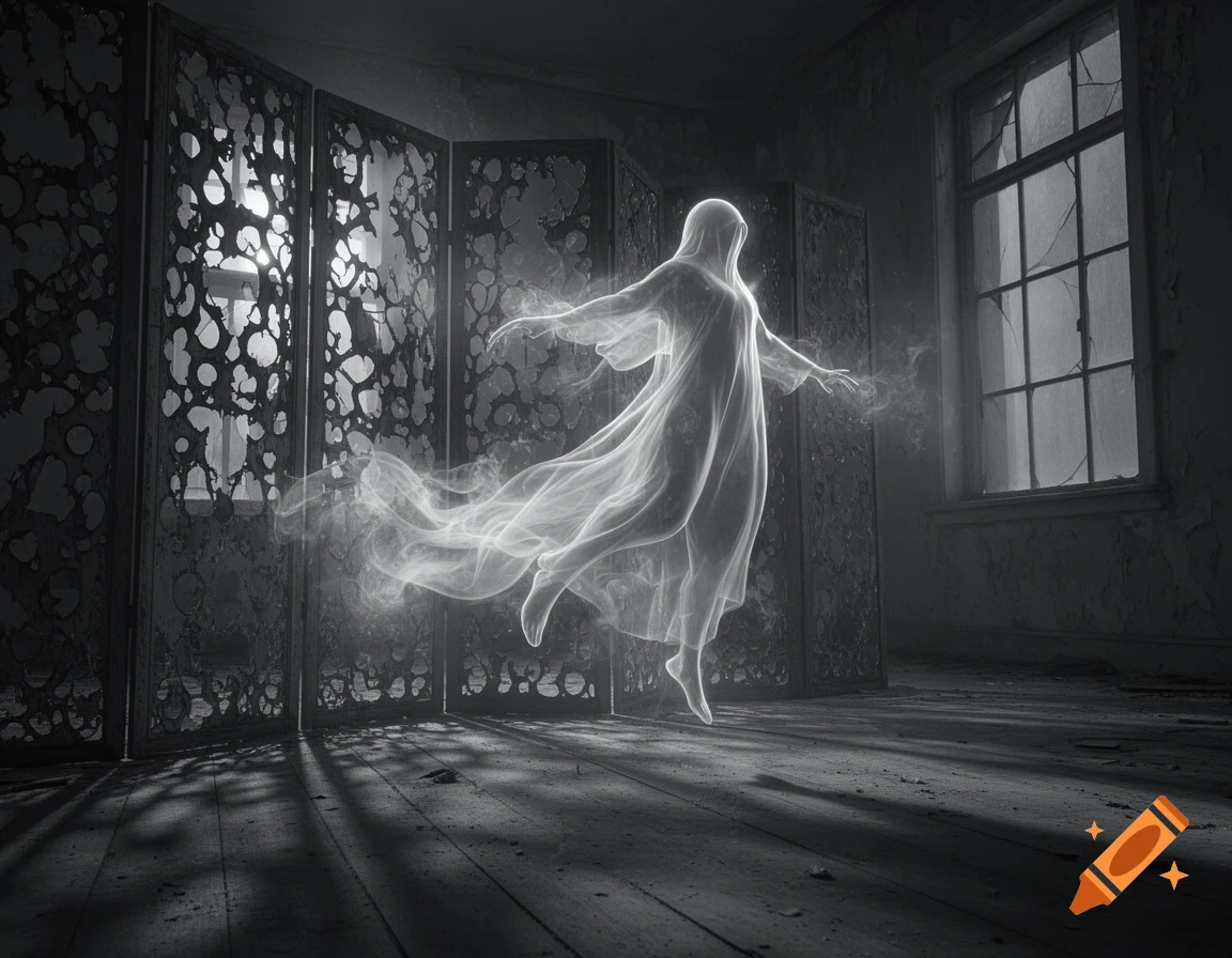 A translucent white ghost hovers in a dark, dilapidated room with broken window panes and patterned screens, in black and white.