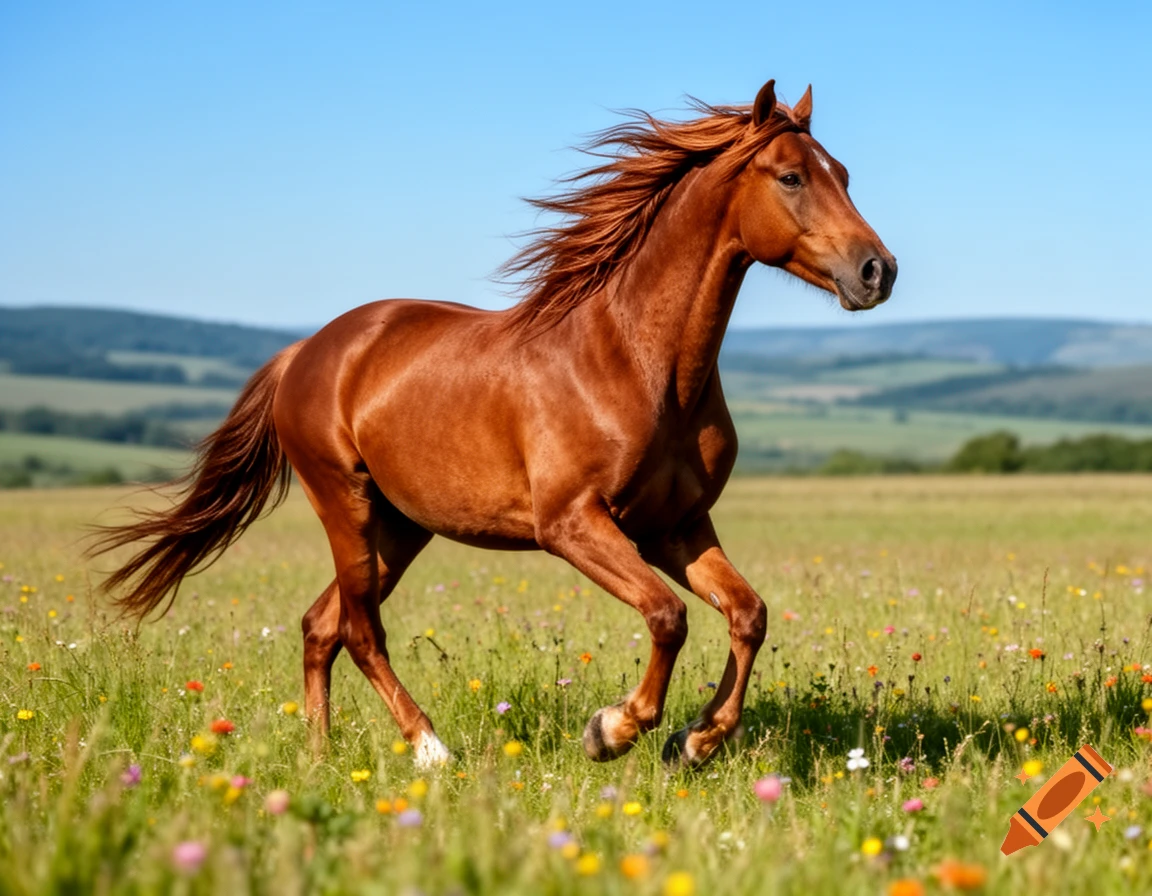 A majestic brown horse with a flowing mane gallops through a vibrant green meadow filled with wildflowers under a clear blue sky.