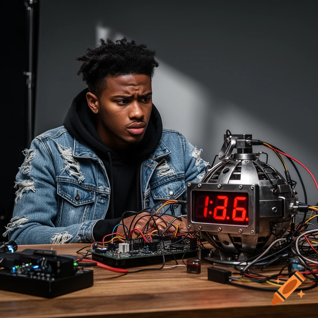 A young man with a worried expression sits at a table, looking intently at a complex bomb-like device with a digital timer displaying "1:2.6" and many wires connected to a circuit board.