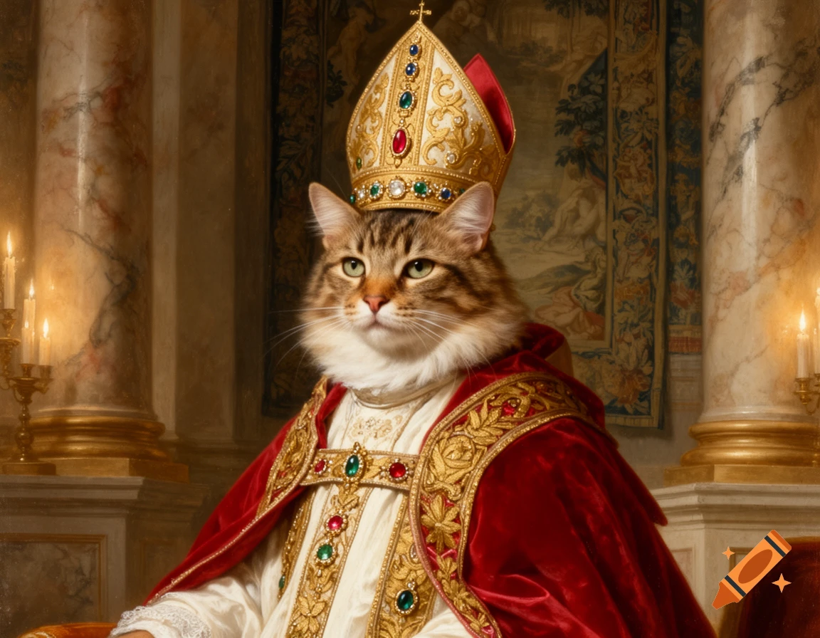 An 18th-century-style painting of a majestic tabby cat dressed as a pope in an ornate, candlelit room.