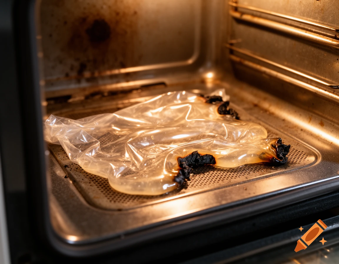 Melted clear plastic with burnt edges on a grimy oven bottom, illuminated by warm internal light.