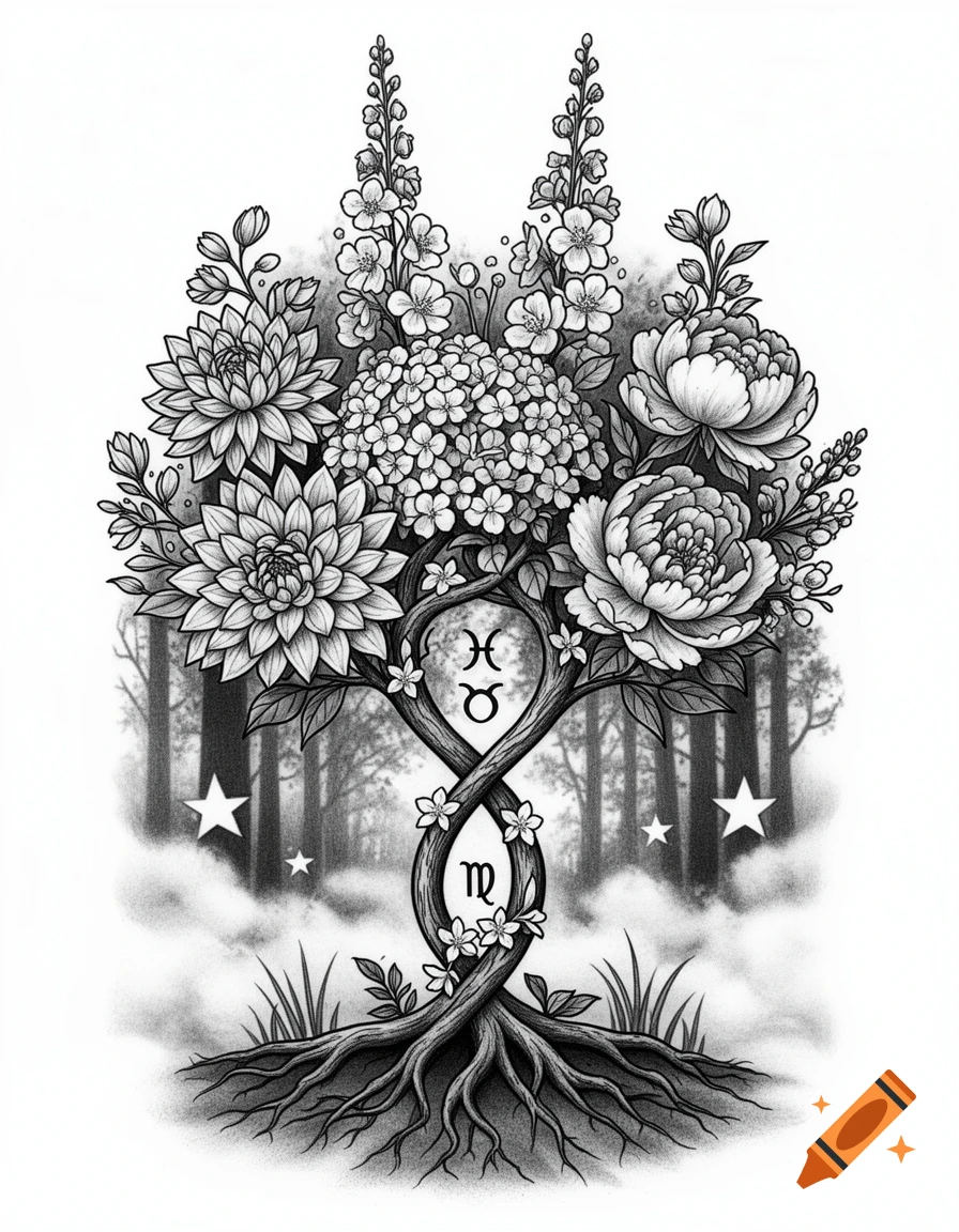 Detailed black and white illustration of a tree of life with flowers, roots, and zodiac signs for Pisces and Virgo.
