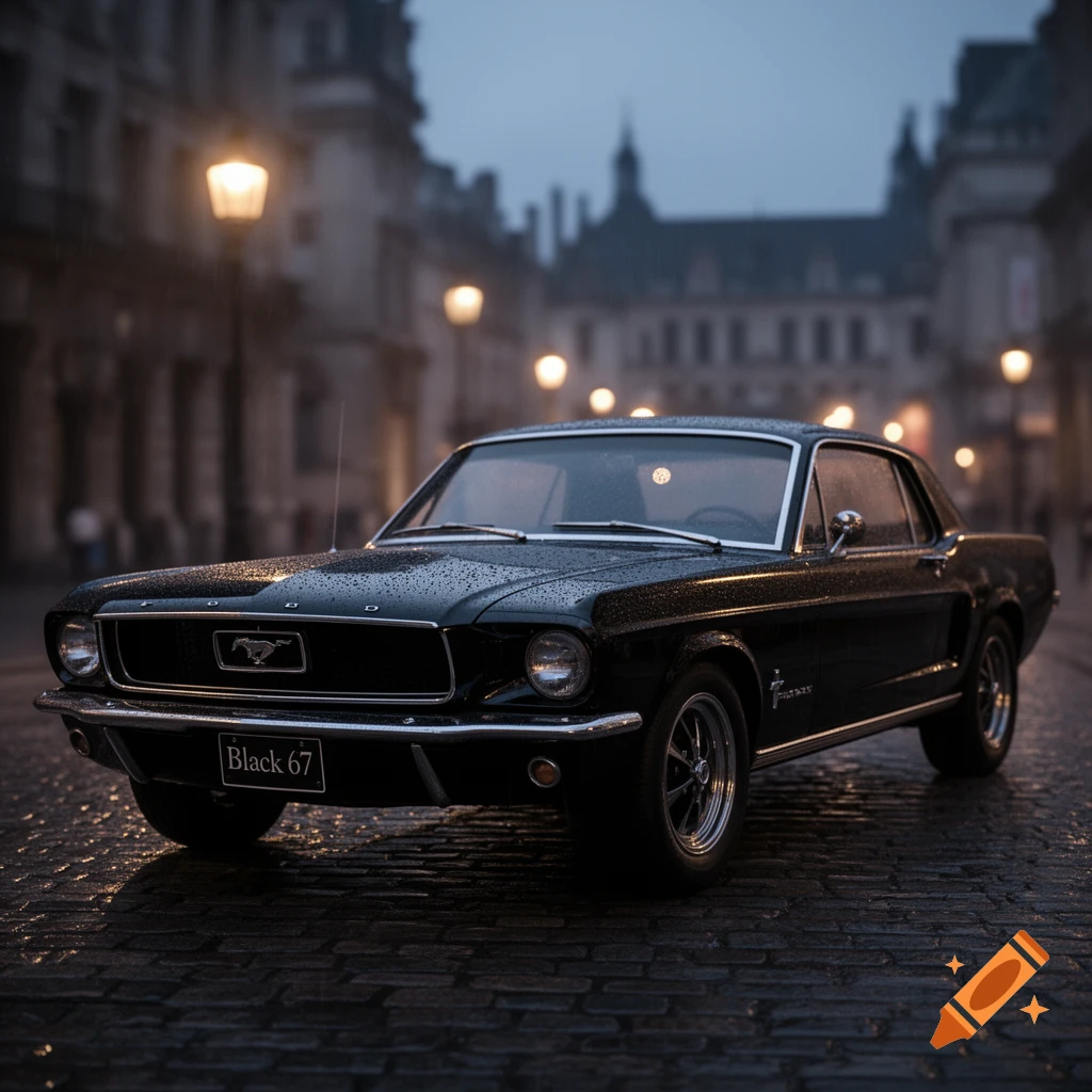A black classic Ford Mustang parked on a wet cobblestone street in a city at dusk, with streetlights glowing.