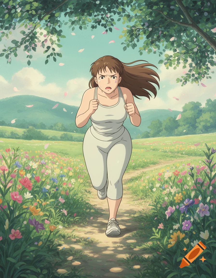 Anime-style Ghibli art of a frowning woman with brown hair jogging through a colorful wildflower field under green trees.