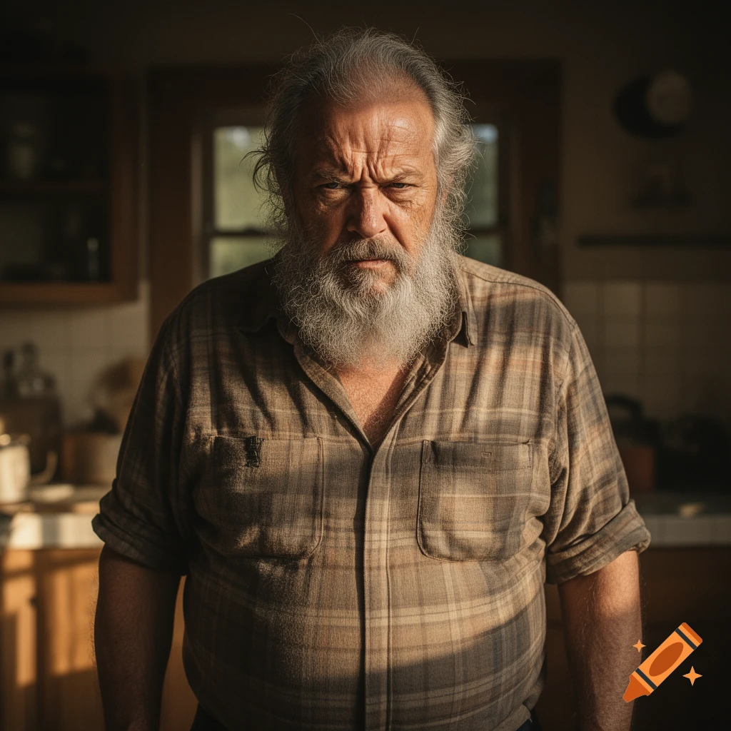 Photorealistic portrait of a grim-faced old man with a long grey beard, wearing a plaid shirt, illuminated by warm indoor light.