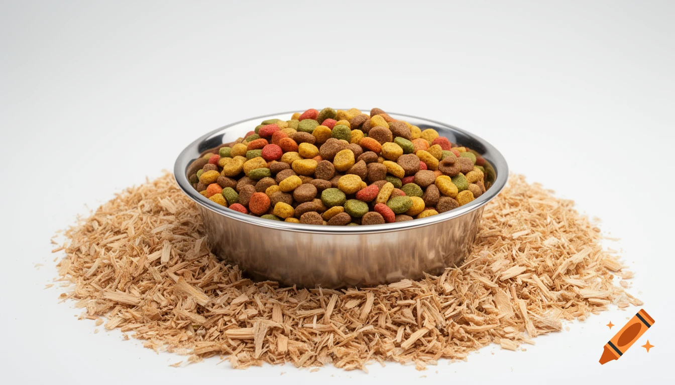 A metal bowl filled with colorful pet kibble sits on a bed of natural wood shavings, against a white background.