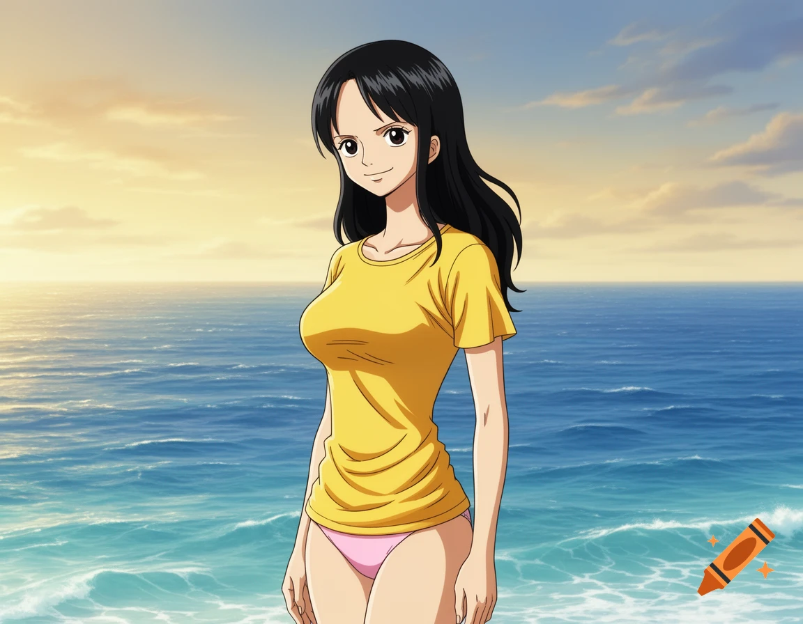 Anime woman with black hair in a yellow t-shirt and pink bikini bottoms stands on a beach with the ocean behind her at sunset.