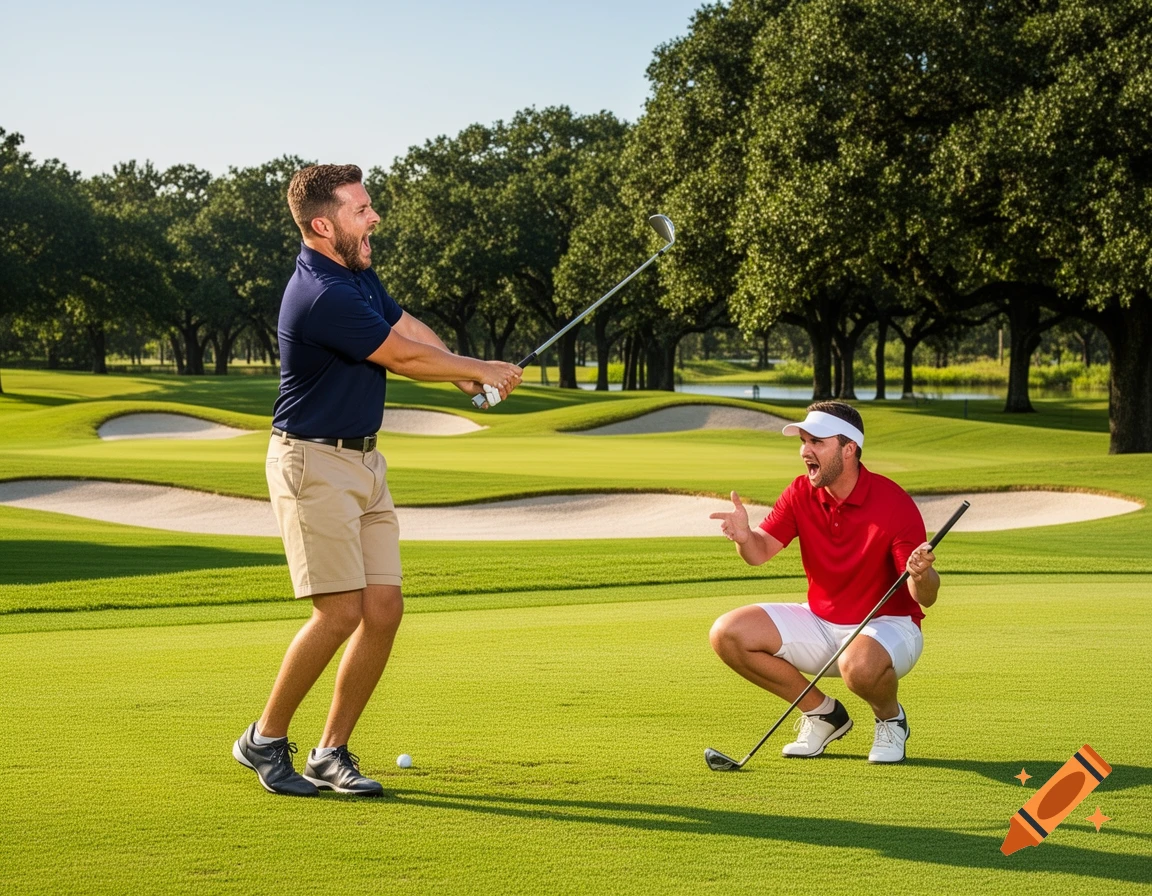 Two men yelling and expressing frustration while playing golf on a sunny green course.
