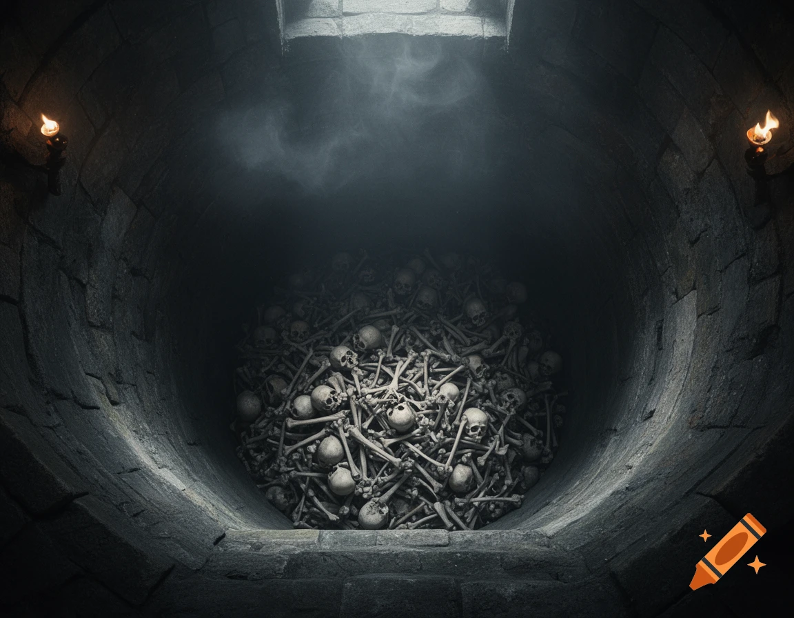 Realistic top-down view of a dark dungeon pit filled with human skulls and bones, lit by torches.