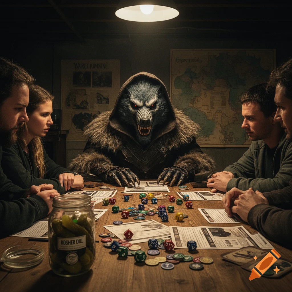 A group of people and a werewolf-like creature with glowing red eyes are gathered around a table, playing a role-playing game with dice and game pieces. A jar of Kosher dill pickles sits on the table.