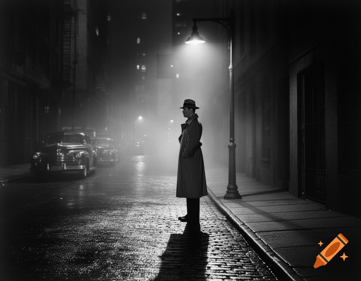 A man in a trench coat and fedora stands under a streetlamp on a foggy, wet street at night, in black and white.