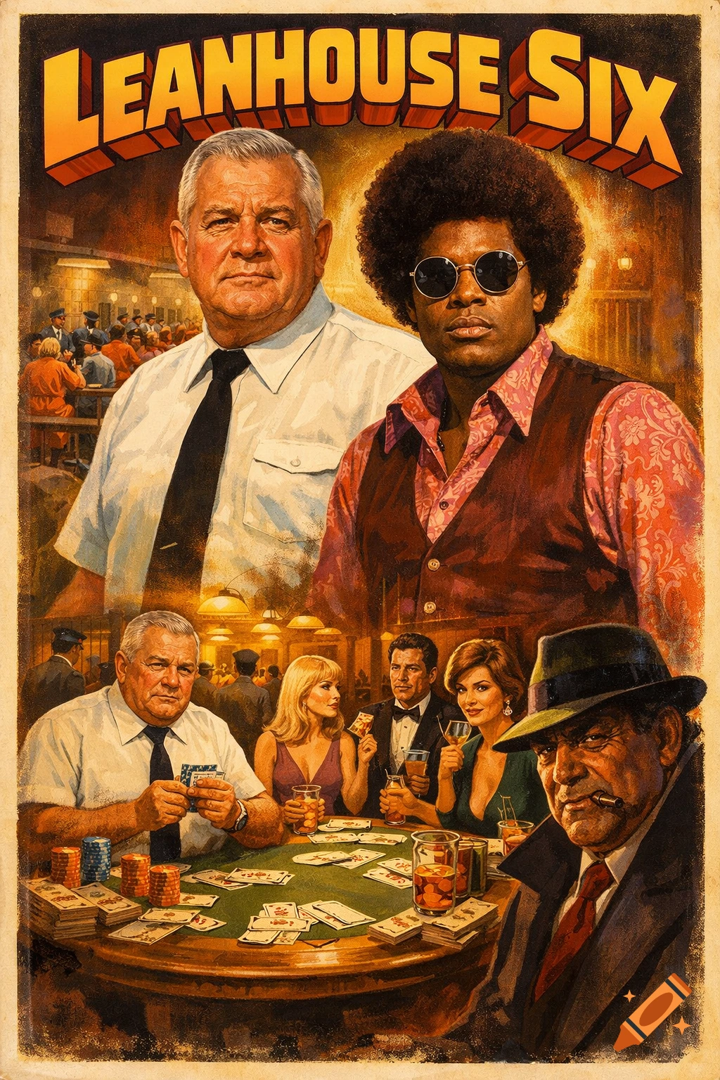 Retro 70s style movie poster with two prominent men, one older white, one Black with afro and sunglasses, above scenes of a prison and a poker game. Title 'LEANHOUSE SIX'.