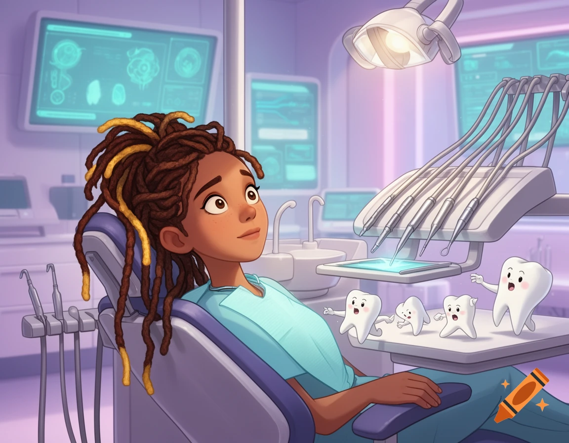 A cartoon girl with dreadlocks sits in a dentist chair, looking up at several animated teeth characters on a tray in a modern dental office.
