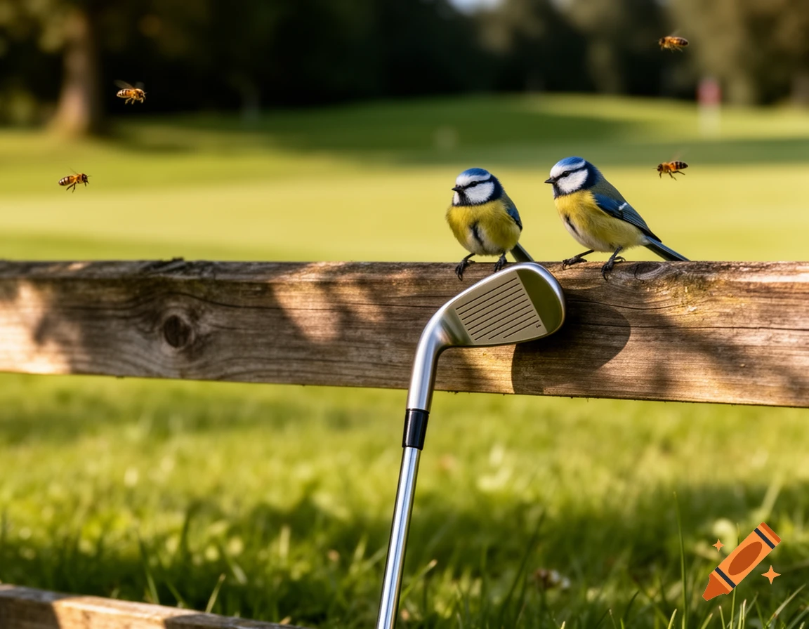 Two blue tits perch on a wooden fence with a golf club and flying bees in a sunny golf course.