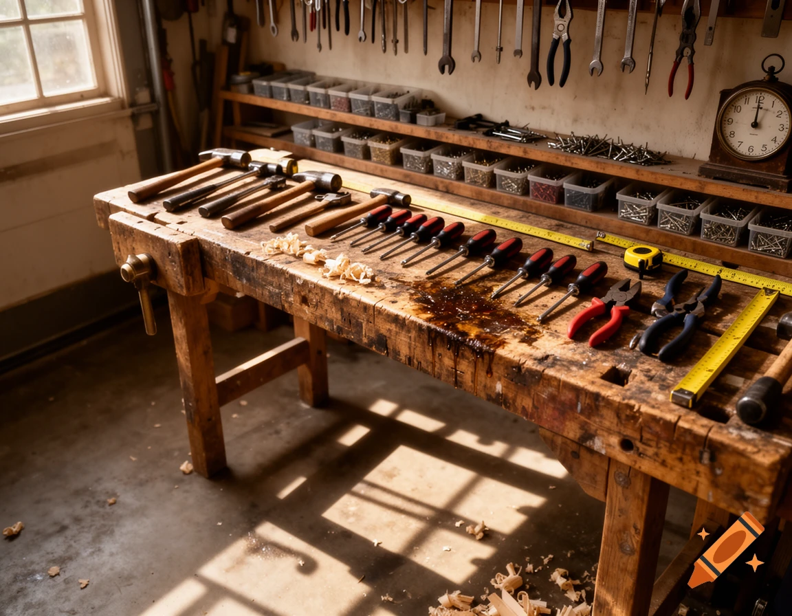 A rustic wooden workbench in a sunlit workshop, covered with a variety of hand tools like hammers, screwdrivers, and pliers.