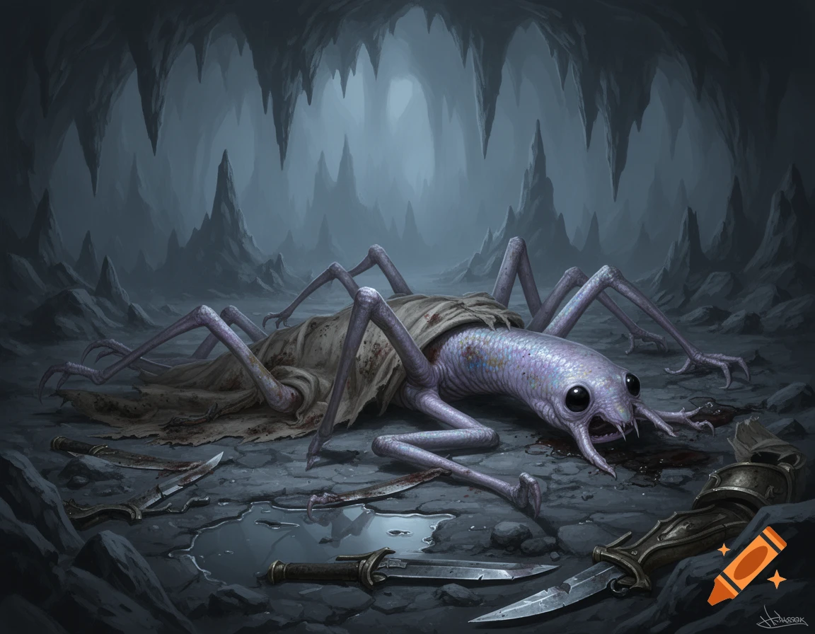 A dead, purple, multi-legged alien-like monster lies in a dark, stalactite-filled cave among blood-stained knives.