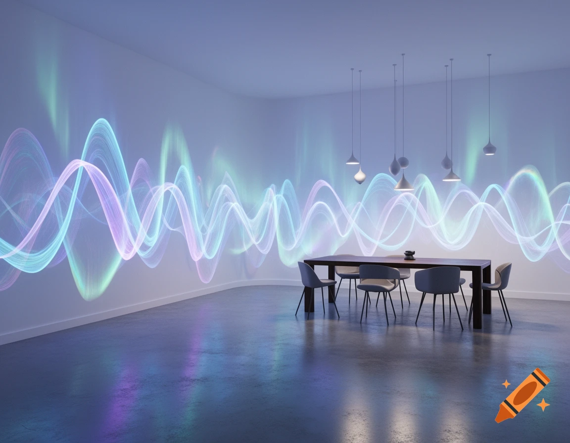 Modern dining room with glowing blue and purple sound waves projected onto a white wall, reflecting on the concrete floor, with a dark wood table and chairs.