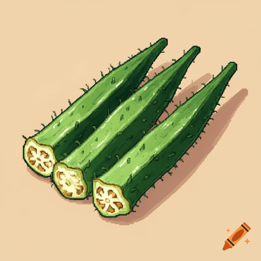 Three green okra pods, one sliced open to show the seeds, rendered in a pixel art style.