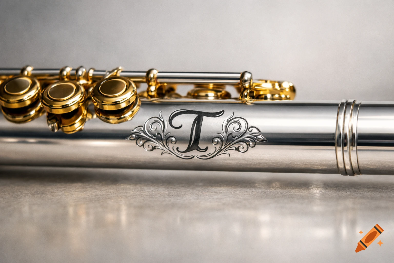 Close-up, photorealistic image of a silver flute with gold keys and a decorative 'T' engraved on its barrel.