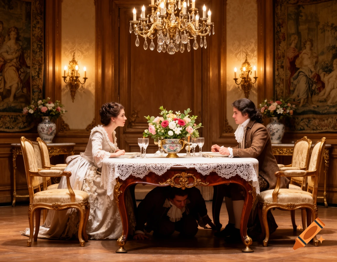 A scene set in a lavish 17th-century room with two elegantly dressed people at a dining table, while a third man is hidden under the table looking out.