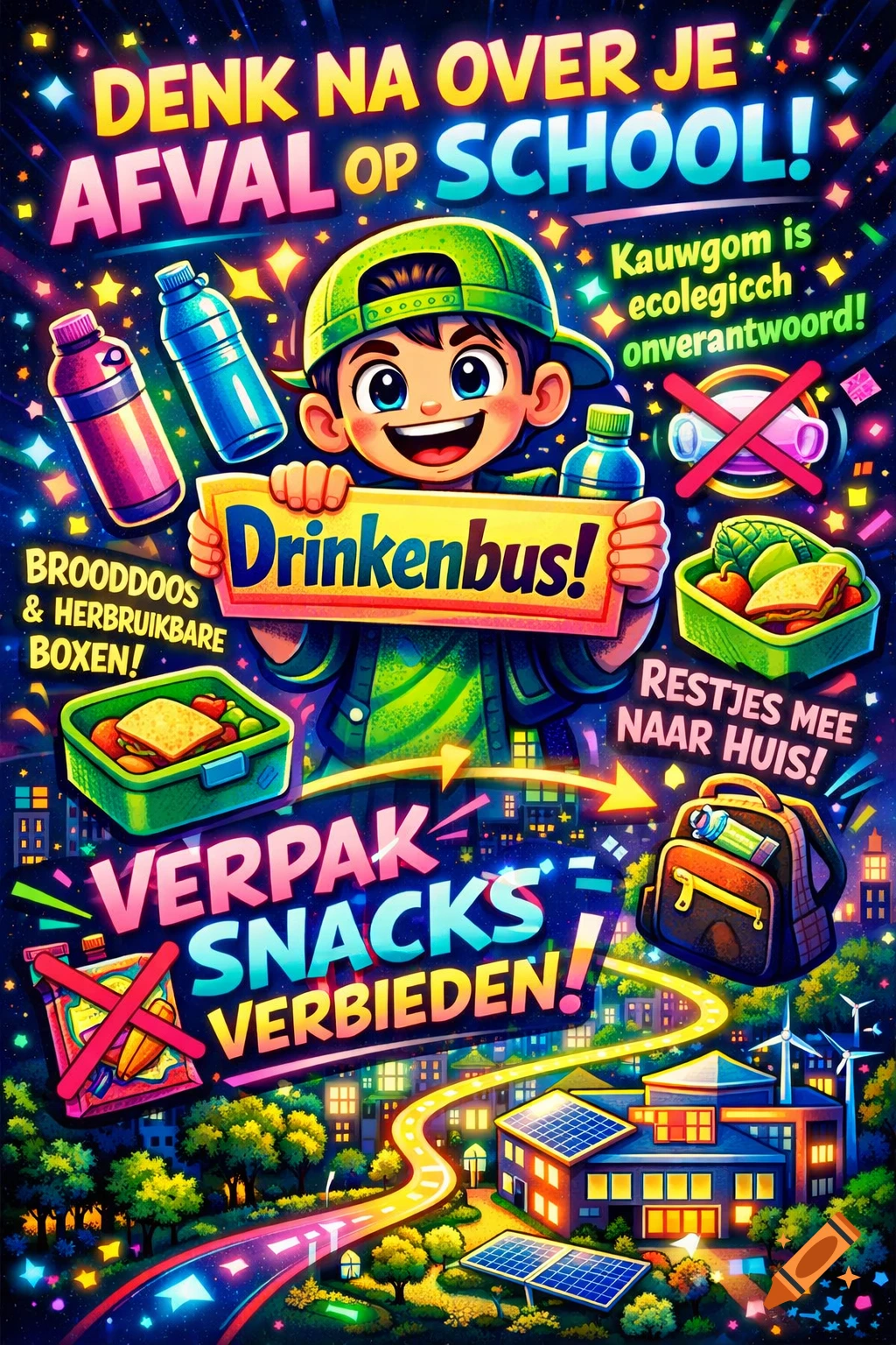 A vibrant cartoon poster shows a smiling boy holding a "Drinkenbus!" sign, surrounded by eco-friendly school tips like reusable boxes and no gum, with a glowing cityscape and school in the background.