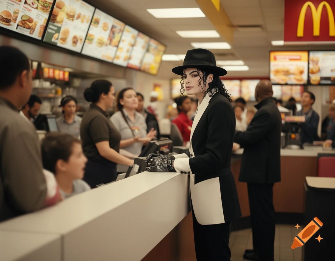 Michael Jackson, in a black hat and suit, stands at a McDonald's counter, looking towards the viewer.